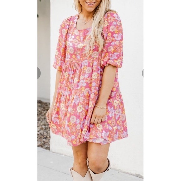 Pink Lily Dresses & Skirts - Babydoll Tiered Floral Mini Dress Sz M Orange Yellow Balloon Sleeve Beach Boho